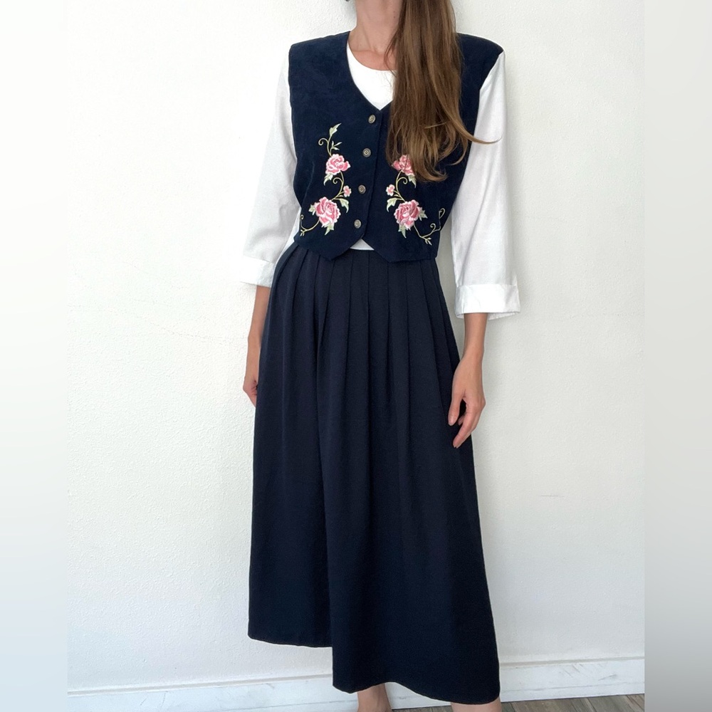 Navy Floral Embroidered Maxi Dress with Vest